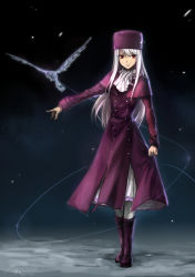 Rule 34 | 1girl, absurdres, aged up, boots, familiar, fate/stay night, fate (series), hat, highres, illyasviel von einzbern, linjie, long hair, looking at viewer, outstretched arm, purple footwear, purple hat, red eyes, smile, solo, white hair