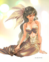 Rule 34 | 1girl, arm support, bare shoulders, bow, breasts, choker, cleavage, collarbone, crop top, grey hair, hair between eyes, hair bow, hand on own knee, highres, large bow, legs together, long hair, looking to the side, medium breasts, midriff, original, pants, signature, sitting, solo, zerra01