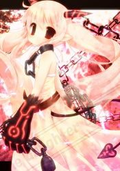 Rule 34 | 1girl, :&lt;, bare back, bare shoulders, bdsm, belt, blonde hair, blush, chain, collar, dearoliha, demon girl, demon horns, demon tail, dress, english text, flat chest, horns, leash, letterboxed, long hair, looking at viewer, looking back, original, pointy ears, red eyes, solo, strapless, strapless dress, tail, triangle mouth, twintails, white dress