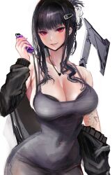 Rule 34 | 1girl, axe, barcode, barcode tattoo, bare shoulders, black bra, black dress, black hair, black nails, black sweater, blunt bangs, blush, bra, breast tattoo, breasts, butterfly tattoo, collarbone, covered navel, d (killer wife) (nikke), d (nikke), dongtan dress, dress, goddess of victory: nikke, grin, hatchet (axe), heart, heart necklace, highres, holding, holding weapon, jewelry, kyel hyde, large breasts, lips, long hair, looking at viewer, meme attire, nail polish, necklace, off shoulder, official alternate costume, red eyes, smile, solo, sweater, tattoo, underwear, weapon, weapon behind back
