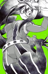 Rule 34 | :&gt;, asui tsuyu, bodysuit, boku no hero academia, frog girl, goggles, goggles on head, green background, greyscale with colored background, highres, long hair, looking at viewer, low-tied long hair, partial monochrome, simple background, solo, takatsuki ichi, tongue