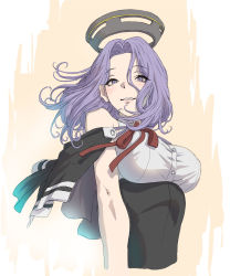 Rule 34 | 1girl, blush, breasts, cropped arms, cropped torso, fujii eishun, halo, highres, kantai collection, looking at viewer, mechanical halo, medium breasts, purple eyes, purple hair, short hair, smile, solo, tatsuta (kancolle), tight top, upper body