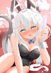 Rule 34 | 1girl, ahoge, alternate costume, animal ear fluff, animal ears, areksti, black leotard, blue bow, blue bowtie, blurry, blurry background, blush, bow, bowtie, braid, breasts, cleavage, commentary request, couch, cup, detached collar, drinking glass, earrings, extra ears, fake animal ears, fox ears, fox girl, fox tail, green eyes, hair between eyes, heart, highres, holding, holding cup, hololive, jewelry, leaning forward, leotard, long hair, looking at viewer, medium breasts, open mouth, pentagram, playboy bunny, rabbit ears, shirakami fubuki, sidelocks, single braid, sitting, solo, tail, virtual youtuber, white hair, wine glass, wrist cuffs