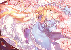 Rule 34 | 2girls, absurdres, arm garter, blonde hair, blue kimono, blurry, blush, bow, cherry blossoms, chinese text, dayu edora, depth of field, dress, eye contact, frilled dress, frilled shirt collar, frilled sleeves, frills, gap (touhou), grabbing another&#039;s chin, hand on another&#039;s chin, hat, hat ribbon, highres, holding hands, imminent kiss, japanese clothes, kimono, leaning forward, long dress, long hair, long sleeves, looking at another, mob cap, multiple girls, new year, nose blush, obi, parted lips, petals, profile, puffy short sleeves, puffy sleeves, red bow, red eyes, red ribbon, ribbon, saigyouji yuyuko, sash, see-through, short hair, short sleeves, smile, tabard, touhou, triangular headpiece, veil, very long hair, wavy hair, white dress, wide sleeves, yakumo yukari, yuri