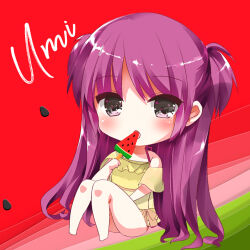 Rule 34 | 1girl, asahina yori, bare legs, bare shoulders, barefoot, blush, character name, chibi, commentary, dress, eating, eyes visible through hair, food, frilled dress, frills, green background, grey eyes, hair between eyes, halterneck, holding, holding food, holding ice cream, ice cream, katou umi, knees together feet apart, long hair, looking at viewer, open mouth, popsicle, purple hair, red background, short dress, short sleeves, simple background, sitting, solo, summer pockets, symbol-only commentary, two-tone background, two side up, very long hair, watermelon bar, yellow dress