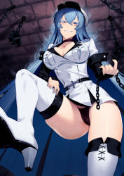 Rule 34 | 1girl, akame ga kill!, assertive female, black panties, blue eyes, blue hair, blush, boots, breasts, chain, cluseller, commentary request, commission, esdeath, femdom, high heel boots, high heels, large breasts, long hair, long sleeves, panties, parted lips, pixiv commission, skindentation, smile, solo, teeth, thigh boots, thighhighs, thighs, underwear, white footwear, white headwear
