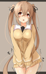 Rule 34 | 10s, 1girl, absurdres, ahoge, blush, bow, brown eyes, brown hair, cardigan, commentary request, hair bow, hair ribbon, highres, kantai collection, long hair, looking at viewer, murasame (kancolle), revision, ribbon, saku (kudrove), school uniform, serafuku, solo, twintails, v arms