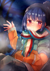 Rule 34 | 1girl, bad id, bad pixiv id, bare tree, beanie, black hat, black pants, blue hair, blush, breath, closed mouth, commentary request, ebihara beniko, feet out of frame, hand in pocket, hand up, hat, highres, jacket, long sleeves, night, night sky, outdoors, pants, red eyes, shima rin, sitting, sky, sleeves past wrists, smile, solo, star (sky), starry sky, tree, yurucamp