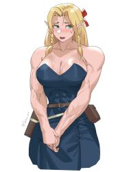 Rule 34 | abs, alternate muscle size, belt, blonde hair, blue dress, blush, breasts, cleavage, dress, dungeon meshi, elf, green eyes, highres, large breasts, marcille donato, muscular, muscular female, pointy ears, pouch, red ribbon, ribbon, signature, sweat, turbun