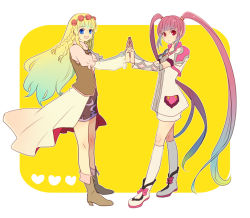 Rule 34 | 2girls, blonde hair, blue eyes, cropped jacket, hairband, holding hands, kneehighs, long hair, mayo., multiple girls, official alternate costume, purple hair, red eyes, shirley fennes, shorts, skirt, socks, sophie (tales), tales of (series), tales of graces, tales of legendia, twintails, very long hair, white shorts, yellow background
