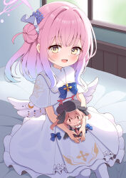Rule 34 | 1girl, :d, aged down, azel (laevateinn495), bed, bed sheet, bedroom, blue archive, blue bow, blue bowtie, blunt bangs, bow, bowtie, cameo, capelet, character doll, commentary request, dress, flower, frilled dress, frills, gradient hair, hair bun, hair flower, hair ornament, hair scrunchie, halo, highres, hugging doll, hugging object, indoors, koharu (blue archive), long hair, looking at viewer, mika (blue archive), multicolored hair, on bed, one side up, open mouth, pantyhose, pink hair, school uniform, scrunchie, sidelocks, single side bun, sitting, smile, solo, turtleneck, turtleneck dress, two-tone hair, white capelet, white dress, white pantyhose, window, yellow eyes