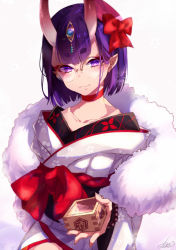 Rule 34 | 1girl, alcohol, bow, choker, closed mouth, collarbone, commentary request, fangs, fangs out, fate/grand order, fate (series), fingernails, fujikiri yana, fur collar, glasses, hair bow, head tilt, holding, horns, japanese clothes, kimono, long sleeves, looking at viewer, masu, oni, purple eyes, purple hair, red bow, red choker, round eyewear, sake, short hair, shuten douji (dress for demons) (fate), shuten douji (fate), signature, skin-covered horns, smile, solo, thick eyebrows, white kimono, wide sleeves
