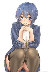 Rule 34 | 1girl, black panties, blue eyes, blue hair, blue jacket, brown dress, brown thighhighs, dress, feet out of frame, gotland (kancolle), highres, jacket, kantai collection, long hair, looking at viewer, mole, mole under eye, one-hour drawing challenge, panties, pantyshot, simple background, smile, solo, squatting, thighhighs, timato, underwear, white background