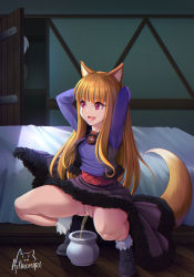 Rule 34 | 1boy, 1girl, achromaru, animal ears, bed, bedroom, brown hair, chamber pot, cleft of venus, craft lawrence, fang, highres, holo, no panties, peeing, purple eyes, pussy, smile, spice and wolf, squatting, tail, white hair, wolf ears, wolf girl, wolf tail