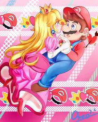 Rule 34 | 1boy, 1girl, blonde hair, blue eyes, blush, crown, dress, earrings, face-to-face, facial hair, gloves, hat, heart, high heels, highres, holding hands, jewelry, long hair, looking at another, mario, mario (series), mustache, nintendo, overalls, pink dress, princess peach, puffy sleeves, spoken heart, super mario bros. 1, valentine