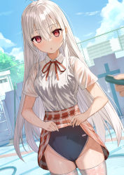 Rule 34 | 1girl, :o, ahoge, blue sky, blurry, blurry foreground, clothes lift, cloud, collared shirt, day, dress shirt, empty pool, hair between eyes, highres, holding, holding hose, hose, lifted by self, long hair, looking at viewer, miniskirt, neck ribbon, open mouth, original, outdoors, plaid, plaid skirt, pleated skirt, pool, red eyes, red ribbon, ribbon, school swimsuit, school uniform, shirt, short sleeves, silver hair, skirt, skirt lift, sky, solo focus, straight hair, swimsuit, swimsuit under clothes, takumi11, thighhighs, very long hair, wet, wet clothes, wet legwear, wet shirt, white shirt, white thighhighs, wing collar