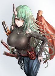 Rule 34 | 1girl, absurdres, arknights, black shirt, blue pants, breasts, clothing cutout, cowboy shot, green hair, grey background, highres, horns, hoshiguma (arknights), hoshiguma (ronin huntress) (arknights), katana, large breasts, long hair, long sleeves, looking at viewer, mask, official alternate costume, oni mask, pants, parted lips, poni (poni arknights), revision, shirt, shoulder cutout, single horn, smile, solo, standing, sword, very long hair, weapon, yellow eyes