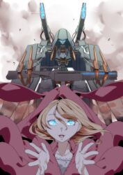 Rule 34 | 1girl, absurdres, blonde hair, blue eyes, cannon, commentary request, glowing, highres, looking at viewer, mecha, open mouth, original, potato pot, robot, short hair, teeth, upper body, upper teeth only, weapon