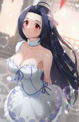 Rule 34 | 1girl, amanoyui, arms behind back, bad id, bad pixiv id, bare shoulders, blue bow, blue hair, blush, bow, breasts, cleavage, collarbone, cowlick, dress, fur choker, highres, idolmaster, idolmaster (classic), large breasts, light particles, long hair, looking at viewer, miura azusa, red eyes, shoulder blades, sidelocks, sleeveless, smile, snowflake print, solo, strapless, strapless dress, white dress