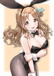 Rule 34 | 1girl, animal ears, arm grab, bad id, bad twitter id, balloom 17, black leotard, black pantyhose, blue ribbon, bow, bowtie, breasts, brown eyes, brown hair, cleavage, collar, commentary, detached collar, fake animal ears, fake tail, hair bun, hair ribbon, ichikawa hinana, idolmaster, idolmaster shiny colors, leaning forward, leotard, light blush, long hair, looking at viewer, medium breasts, open mouth, pantyhose, parted bangs, playboy bunny, print pantyhose, rabbit ears, rabbit tail, ribbon, shadow, side bun, single side bun, smile, solo, standing, strapless, strapless leotard, tail, thighs, white collar, wing collar, wrist cuffs