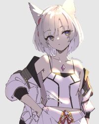 Rule 34 | 1girl, animal ears, braid, cat ears, collarbone, core crystal (xenoblade), cropped jacket, gloves, grey background, grey hair, half gloves, hand on own hip, head tilt, jacket, looking to the side, mio (xenoblade), side braid, single braid, skeptycally, skirt, solo, tank top, white gloves, white jacket, white skirt, xenoblade chronicles (series), xenoblade chronicles 3, yellow eyes