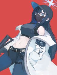 Rule 34 | 1girl, bare shoulders, baseball cap, belt, black belt, black hair, black hat, black shirt, blue archive, blue eyes, blue pants, breasts, coat, commentary request, cowboy shot, crop top, hair between eyes, hand in pocket, hat, highres, large breasts, leggings, long hair, long sleeves, looking at viewer, mask, midriff, mouth mask, navel, non porn, off shoulder, onionegi, open clothes, open coat, pants, partial commentary, red background, saori (blue archive), shirt, simple background, sleeveless, sleeveless shirt, solo, standing, stomach, very long hair, white coat
