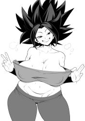 Rule 34 | 1girl, bandeau, black hair, breasts, bunkwizard, caulifla, cleavage, cowboy shot, dragon ball, dragon ball super, grin, huge breasts, large breasts, looking at viewer, monochrome, pants, plump, shirt, smile, solo, spiked hair, sweat, thick thighs, thighs