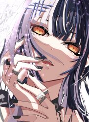 Rule 34 | 1girl, absurdres, black choker, black hair, black nails, choker, hair in own mouth, hair ornament, head tilt, highres, hololive, hololive english, jewelry, lace-trimmed choker, lace trim, long hair, looking at viewer, multicolored hair, multiple rings, nail polish, ring, shiori novella, shiori novella (1st costume), solo, split-color hair, streaked hair, theginneko, tongue, tongue out, two-tone hair, virtual youtuber, white hair, yellow eyes