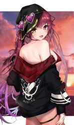 Rule 34 | 1girl, back, backwards hat, bad id, bad pixiv id, bare shoulders, bikini, bikini under clothes, black hat, black jacket, blurry, blurry background, breasts, earrings, eyewear on headwear, hair ribbon, hat, heart, heart-shaped eyewear, heterochromia, highres, hololive, houshou marine, houshou marine (summer), jacket, jewelry, large breasts, letterboxed, long hair, long sleeves, looking at viewer, looking back, off shoulder, official alternate costume, outdoors, plaid, red bikini, red eyes, red hair, ribbon, rudo (rudorudo0917), sideboob, smile, solo, sunset, swimsuit, thigh strap, thighs, twintails, virtual youtuber, yellow eyes