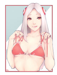 Rule 34 | 1girl, :p, bikini, bikini top lift, bra, breasts, clothes lift, dulapda, highres, irelia, league of legends, looking at viewer, medium breasts, nightblade irelia, open bra, parted bangs, red bikini, red bra, red eyes, riot games, solo, strap pull, swimsuit, tongue, tongue out, underboob, underwear, untied bikini, white hair
