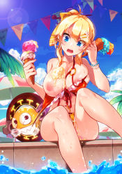 Rule 34 | 00s, 1girl, alicecrazy, assisted exposure, beach umbrella, bead bracelet, bead necklace, beads, bikini, bikini pull, blonde hair, blue eyes, blue sky, bracelet, breasts, character request, cleavage, clenched teeth, clothes pull, cloud, clumsy, collarbone, d:, day, double scoop, dripping, dropping, dungeon and fighter, elsword, eyebrows, eyelashes, female gunner (dungeon and fighter), flag, food, food on body, frilled bikini, frills, front-tie top, hair between eyes, hair bun, hair ornament, hair stick, hairclip, head tilt, highres, holding, holding food, ice cream, ice cream cone, ice cream cone spill, jewelry, large breasts, lens flare, long hair, looking at viewer, melting, navel piercing, necklace, nipple slip, nipples, o-ring, o-ring top, one breast out, open mouth, outdoors, palm tree, pennant, piercing, poolside, pulling another&#039;s clothes, red bikini, rose (elsword), sidelocks, single hair bun, sitting, skindentation, sky, soaking feet, spilling, string, string of flags, suggestive fluid, summer, sunlight, sweat, swimsuit, tears, teeth, tree, tsurime, umbrella, waffle cone, water, wet
