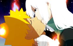 Rule 34 | 1boy, 1girl, bandaged hand, bandages, blonde hair, chietori, closed eyes, coat, crying, crying with eyes open, facial mark, fire, fireball, from side, gradient background, grey eyes, hair down, half-closed eyes, hand on another&#039;s neck, happy, hetero, high collar, holding person, jacket, kiss, leaning forward, long hair, naruto: blood prison, naruto (series), naruto shippuuden, orange hair, ryuuzetsu, sad, short hair, sleeping, smile, spiked hair, spoilers, star (sky), tears, unconscious, uzumaki naruto, whisker markings, whisker marks, white hair