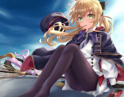 Rule 34 | 1girl, absurdres, artoria caster (fate), artoria caster (second ascension) (fate), artoria pendragon (fate), ass, bad id, bad pixiv id, black capelet, black gloves, black hat, black pantyhose, black ribbon, blonde hair, blue neckwear, blush, buttons, capelet, commentary request, crotch seam, double-breasted, dress, fate/grand order, fate (series), food, food in mouth, gloves, green eyes, hair ornament, hair ribbon, hamstarhand, hand on ground, hat, highres, jacket, long hair, long sleeves, looking at viewer, mouth hold, no shoes, pantyhose, pleated skirt, pocky, puffy long sleeves, puffy sleeves, ribbon, sitting, skirt, sky, solo, staff, unworn hat, unworn headwear, white skirt, wing collar