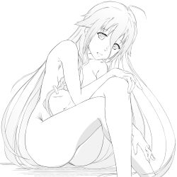 Rule 34 | 1girl, :d, absurdres, ahoge, asunogear, braid, breasts, cevio, cleavage, collarbone, crossed legs, floating hair, greyscale, hair between eyes, hair over breasts, hand on own knee, highres, ia (vocaloid), long hair, looking at viewer, medium breasts, monochrome, navel, nude, open mouth, simple background, single braid, sitting, sketch, smile, solo, very long hair, vocaloid, white background