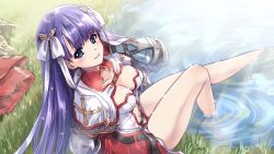 Rule 34 | 1girl, armor, barefoot, belt, black belt, blue eyes, blunt bangs, breasts, capelet, cleavage, cleavage cutout, closed mouth, clothing cutout, commentary request, day, fate/grand order, fate (series), from above, grass, grey capelet, grey shirt, hand in own hair, highres, hime cut, kuroi mimei, legs, light particles, long hair, long sleeves, looking at viewer, martha (fate), medium breasts, miniskirt, navel, navel cutout, outdoors, purple hair, red skirt, shirt, sitting, skirt, smile, soaking feet, solo, straight hair, water