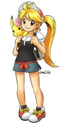 Rule 34 | 1girl, backpack, bag, blonde hair, blue shorts, blush, brown eyes, chuchu (pokemon), collarbone, commentary, cosplay, creatures (company), deviantart username, elaine (pokemon), elaine (pokemon) (cosplay), english commentary, flat chest, flower, full body, game freak, gen 1 pokemon, hair flower, hair ornament, happy, long hair, looking at viewer, loulilie, nintendo, on shoulder, pikachu, pokemon, pokemon (creature), pokemon adventures, pokemon lgpe, pokemon on shoulder, shoelaces, shoes, short shorts, short sleeves, shorts, signature, smile, transparent background, very long hair, yellow (pokemon)