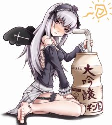 Rule 34 | 00s, 1girl, barefoot, blush, doll joints, drinking straw, feet, garter straps, ina (gokihoihoi), joints, long hair, mini person, minigirl, rozen maiden, silver hair, sitting, solo, suigintou, wariza, wings, yakult