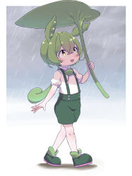 Rule 34 | animal ears, border, collared shirt, commentary, dot nose, green brooch, green footwear, green hair, green shorts, highres, holding, holding umbrella, leaf umbrella, light blush, long hair, looking up, loose hair strand, low ponytail, open mouth, outdoors, pea pod, ponytail, puffy short sleeves, puffy sleeves, rain, raincloud, shirt, short hair, short sleeves, shorts, smile, spread fingers, suspender shorts, suspenders, tokimotoinui, umbrella, under umbrella, voicevox, walking, white border, white shirt, yellow eyes, zundamon