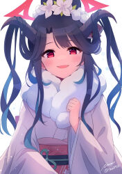 Rule 34 | 1girl, black hair, blue archive, blush, demon horns, fang, flower, fuuka (blue archive), fuuka (new year) (blue archive), hair bun, hair flower, hair ornament, halo, highres, horns, ima (lm ew), japanese clothes, kimono, long hair, long sleeves, looking at viewer, official alternate costume, open mouth, red eyes, sash, single hair bun, smile, solo, upper body, white background, white kimono, wide sleeves