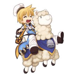 Rule 34 | 1boy, :d, alpaca, arch bishop (ragnarok online), black gloves, blonde hair, blue coat, brown footwear, chef hat, chibi, closed eyes, coat, cropped jacket, cross, cross necklace, fingerless gloves, full body, gloves, hair between eyes, hat, jacket, jewelry, long sleeves, male focus, medium bangs, necklace, official art, open mouth, pants, ragnarok online, reins, riding, short hair, simple background, smile, solo, transparent background, two-tone footwear, white footwear, white jacket, white pants, yuichirou