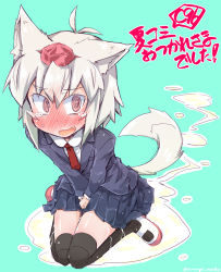 Rule 34 | 1girl, @ @, animal ears, antenna hair, aqua background, artist name, between legs, black thighhighs, blue jacket, blue skirt, blush, dog ears, dog tail, embarrassed, fang, female focus, flat chest, full-face blush, full body, grey hair, hand between legs, hat, have to pee, inubashiri momiji, jacket, japanese text, long sleeves, looking at viewer, miniskirt, narumiya (narumiya), necktie, open mouth, own hands together, peeing, peeing self, pleated skirt, puddle, red eyes, red footwear, red hat, red necktie, school uniform, shirt, shoes, short hair, simple background, sitting, skirt, smile, solo, tail, tears, thighhighs, tokin hat, touhou, translation request, twitter username, v arms, wariza, wet, wet clothes, white shirt
