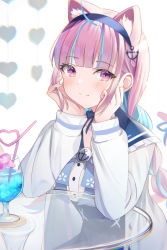 Rule 34 | 1girl, ahoge, anchor hair ornament, animal ear fluff, animal ears, blue bow, blue bowtie, blue hair, blue hairband, blue sailor collar, blue skirt, blunt bangs, blush, bow, bowtie, braid, cat ears, closed mouth, crazy straw, cup, drink, drinking glass, drinking straw, extra ears, frilled sailor collar, frills, hair ornament, hairband, hand on own chest, head rest, high-waist skirt, highres, hololive, jacket, long hair, looking at viewer, minato aqua, minato aqua (sailor), multicolored hair, open clothes, open jacket, pink eyes, pink hair, sailor collar, shirt, sisoha, skirt, smile, solo, two-tone hair, virtual youtuber, white jacket, white shirt