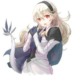 Rule 34 | 1girl, armor, black hairband, blue cape, cape, corrin (female) (fire emblem), corrin (fire emblem), dragon tail, fire emblem, fire emblem fates, hairband, long hair, nintendo, open mouth, pointy ears, red eyes, robaco, slit pupils, solo, tail, white hair