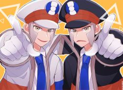 Rule 34 | 2boys, black coat, black headwear, blue neckwear, brothers, coat, collared shirt, commentary request, creatures (company), emmet (pokemon), frown, game freak, ginji (user cyva2283), gloves, grey hair, hat, highres, ingo (pokemon), long sleeves, looking at viewer, male focus, multiple boys, necktie, nintendo, open clothes, open coat, open mouth, peaked cap, pointing, pokemon, pokemon bw, shirt, short hair, siblings, sideburns, smile, tongue, upper body, white coat, white gloves, white headwear, white shirt