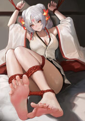 Rule 34 | 1girl, absurdres, bare legs, barefoot, bdsm, bondage, bound, bound arms, bound legs, bound wrists, character request, copyright request, feet, highres, japanese clothes, kimono, looking at viewer, red rope, restrained, rope, shibari, soles, suiryuu (18559651), toes, white hair, white kimono, yellow eyes