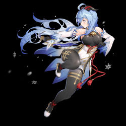Rule 34 | 1girl, absurdres, ahoge, amos&#039; bow (genshin impact), bare shoulders, bell, black pantyhose, blue hair, bow (weapon), breasts, chinese knot, covered erect nipples, detached sleeves, flower knot, full body, ganyu (genshin impact), genshin impact, gold trim, high heels, highres, holding, holding bow (weapon), holding weapon, horns, long hair, looking to the side, low ponytail, medium breasts, najiu jiao xiaolan ba, neck bell, pantyhose, purple eyes, sidelocks, snowflakes, solo, tassel, thighlet, thighs, waist cape, weapon, white sleeves