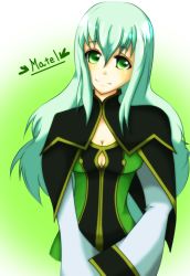 Rule 34 | 00s, 1girl, breasts, cleavage, dress, green background, green eyes, green hair, long hair, martel yggdrasill, smile, tales of (series), tales of symphonia
