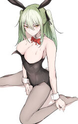 Rule 34 | 1girl, absurdres, animal ears, black leotard, black pantyhose, black ribbon, breasts, ceres fauna, cleavage, collar, detached collar, fake animal ears, fake tail, green eyes, hair ribbon, highres, hololive, hololive english, large breasts, leotard, long hair, looking at viewer, pantyhose, playboy bunny, rabbit ears, rabbit tail, ribbon, sak1 01, solo, tail, twintails, virtual youtuber, white background, white collar, white wrist cuffs, wrist cuffs, yellow eyes