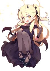 Rule 34 | 1girl, absurdres, black dress, black footwear, black gloves, black pantyhose, blonde hair, blue archive, blush, collarbone, demon horns, demon wings, dress, gloves, halo, highres, horns, ibuki (blue archive), ibuki (dress) (blue archive), legs folded, long hair, looking at viewer, mary janes, no tail, official alternate costume, one side up, outstretched arm, pantyhose, pointy ears, shoes, smile, solo, sparkle, very long hair, wings, yamada auto, yellow eyes