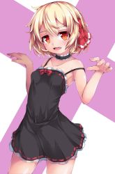 Rule 34 | 1girl, bare arms, bare shoulders, black dress, blonde hair, breasts, choker, collarbone, contrapposto, dress, fang, frilled dress, frills, hair ribbon, looking at viewer, no bra, red eyes, ribbon, ribbon trim, rumia, short dress, small breasts, smile, solo, spaghetti strap, standing, strap slip, thighs, touhou, uumaru1869